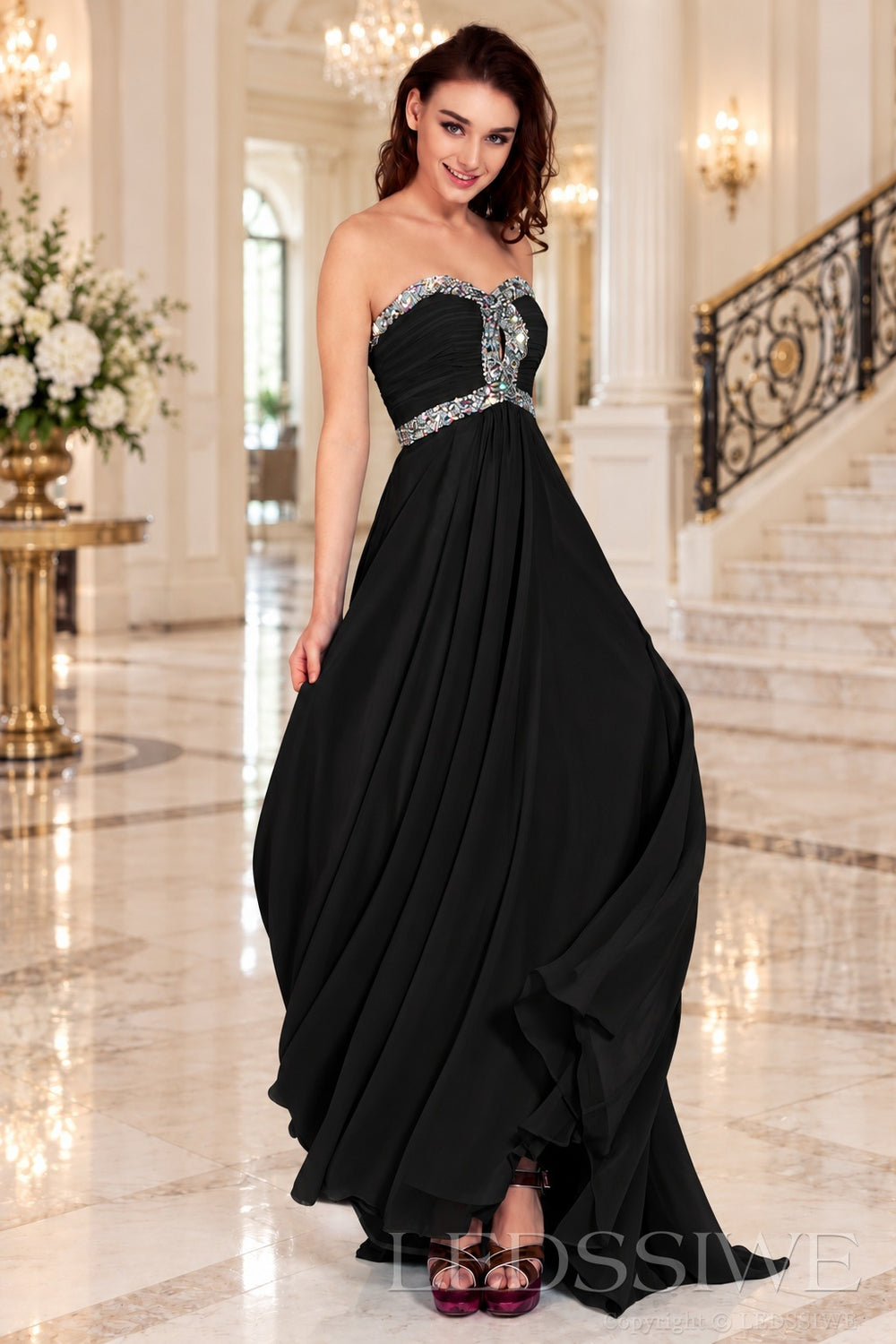 black strapless chiffon sweetheart a-line prom dress with beaded trim