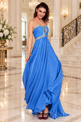 blue strapless chiffon sweetheart a-line prom dress with beaded trim
