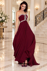 burgundy strapless chiffon sweetheart a-line prom dress with beaded trim