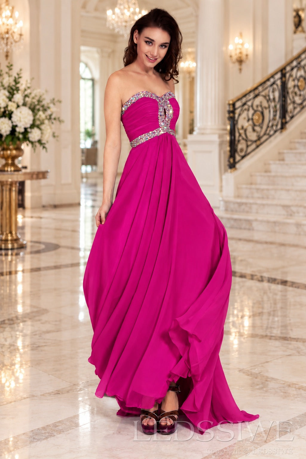 fuchsia strapless chiffon sweetheart a-line prom dress with beaded trim