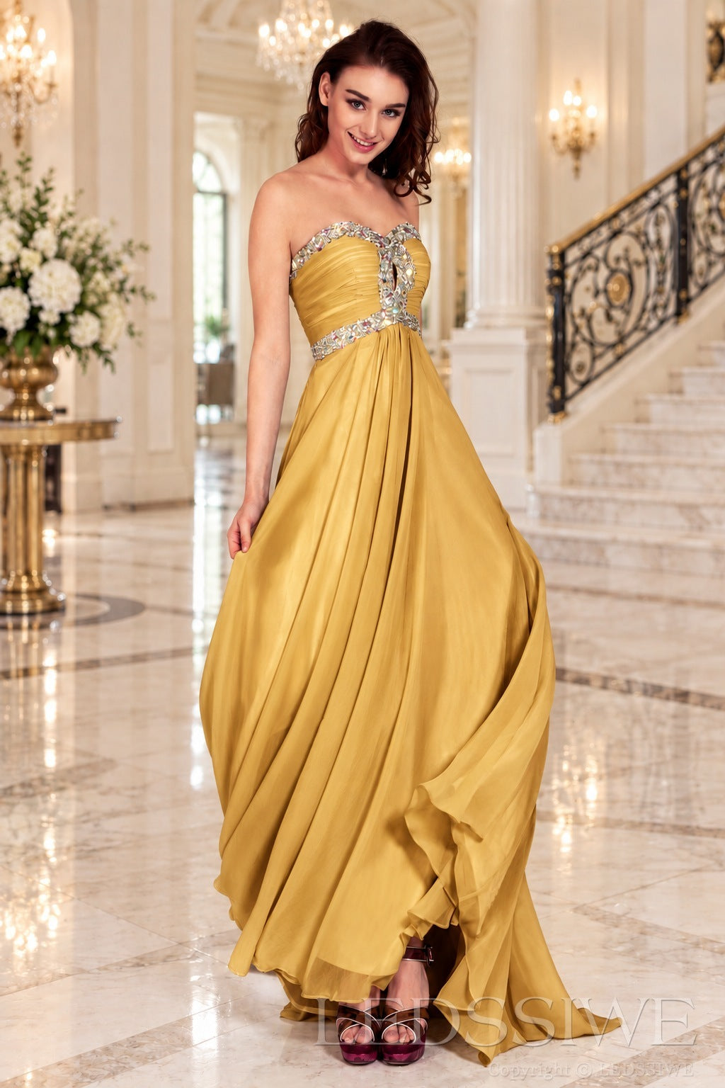 gold strapless chiffon sweetheart a-line prom dress with beaded trim