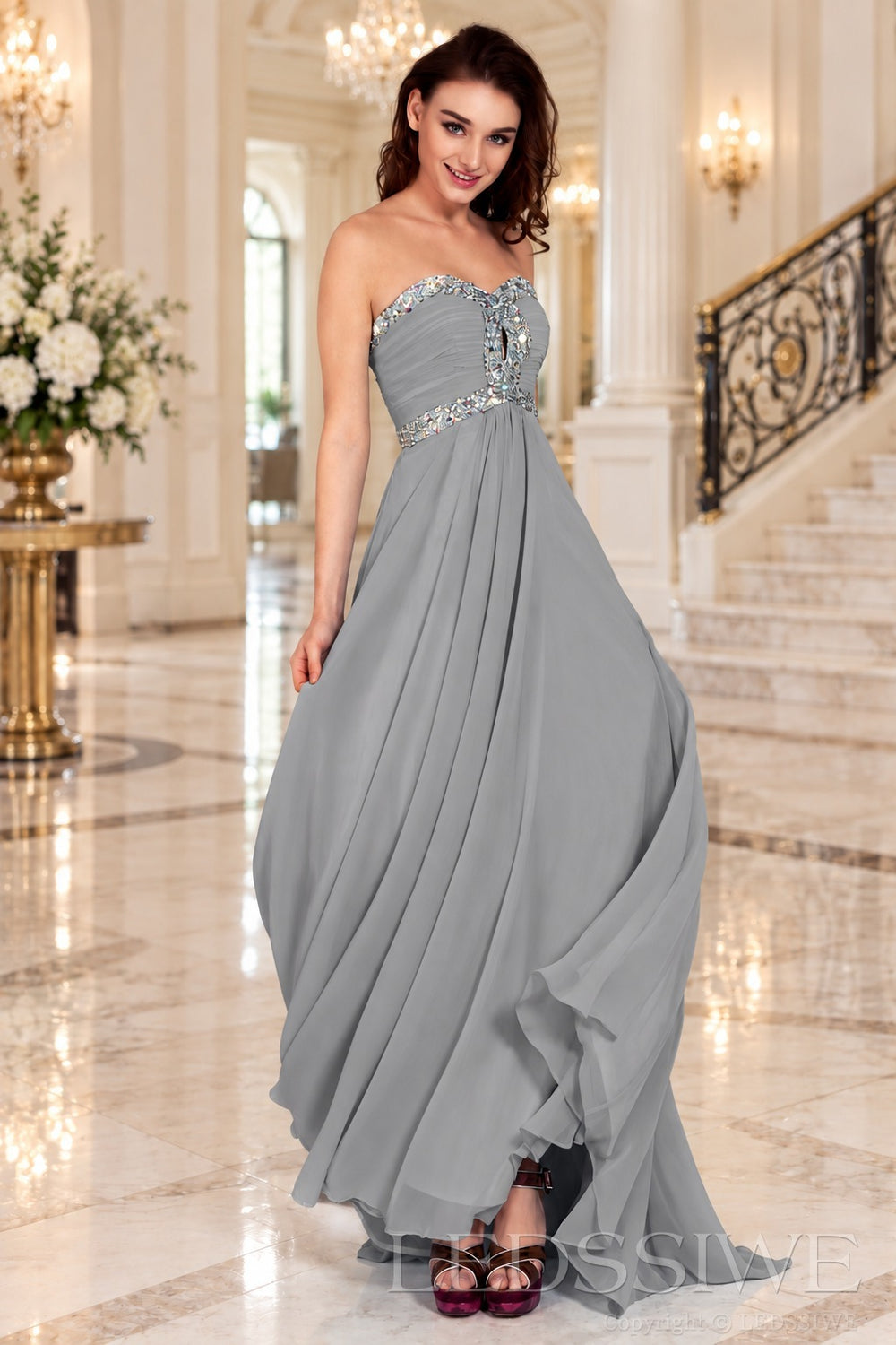 grey strapless chiffon sweetheart a-line prom dress with beaded trim