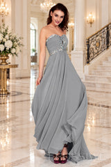 grey strapless chiffon sweetheart a-line prom dress with beaded trim