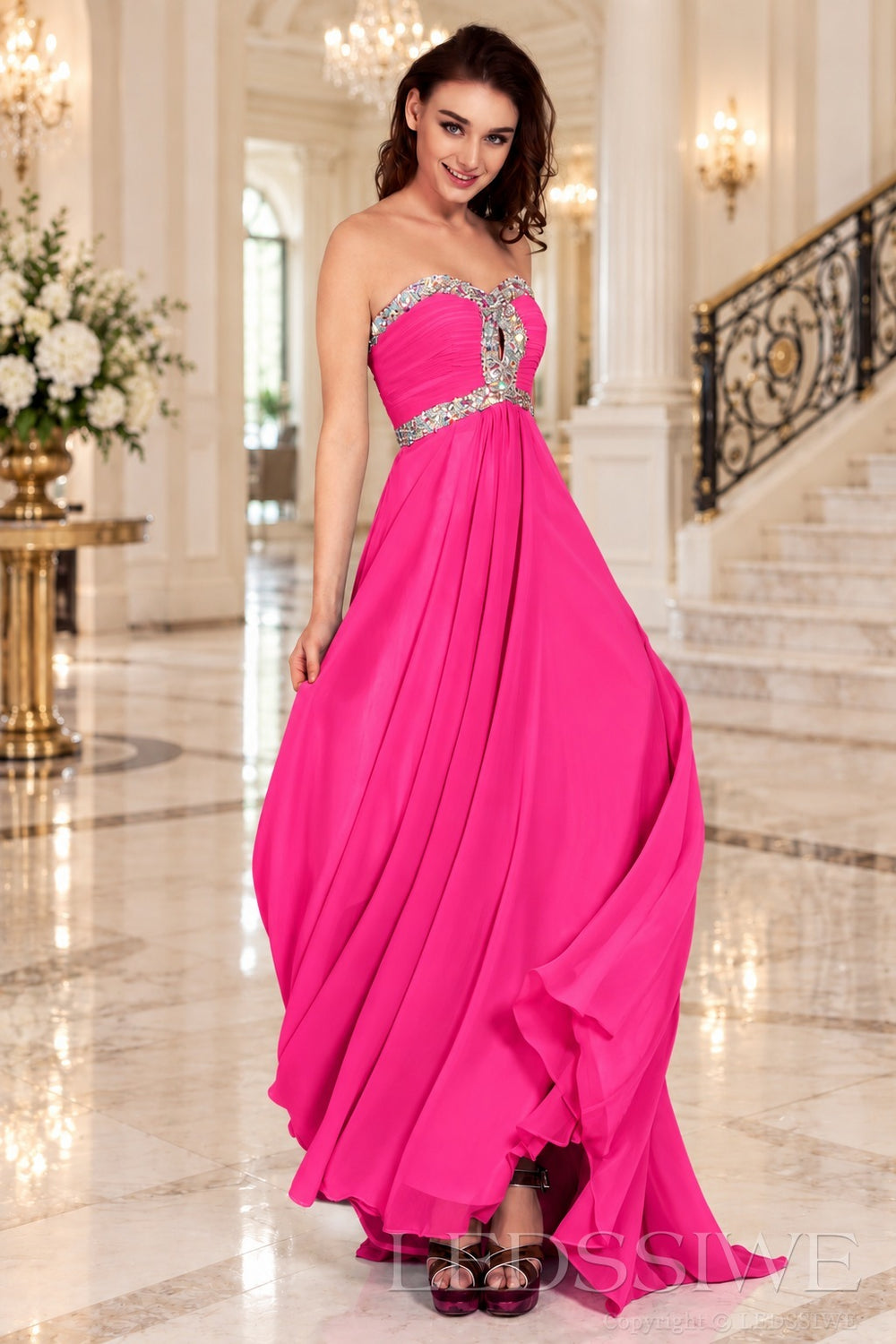 hot-pink strapless chiffon sweetheart a-line prom dress with beaded trim