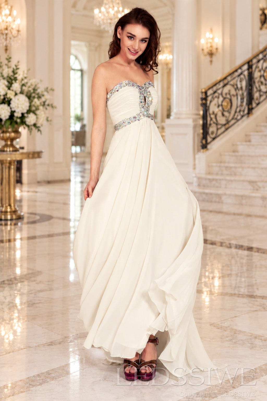 ivory strapless chiffon sweetheart a-line prom dress with beaded trim