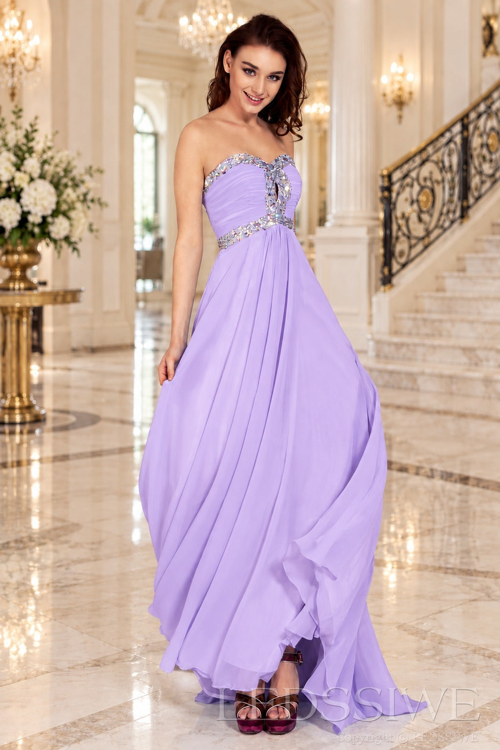lavender strapless chiffon sweetheart a-line prom dress with beaded trim