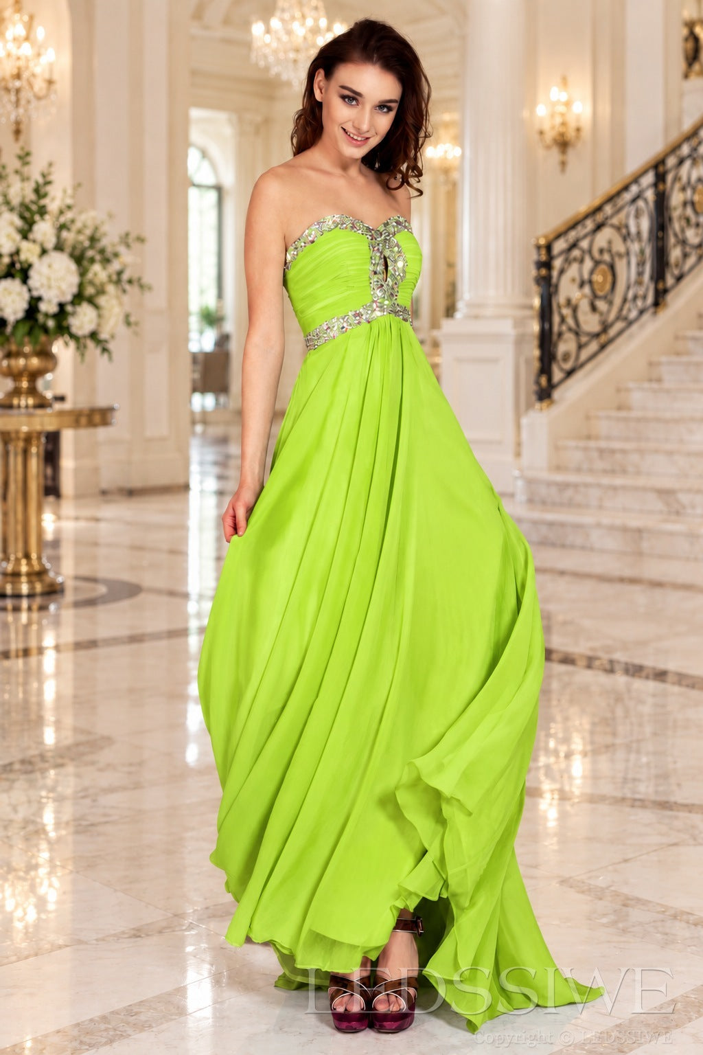 lime-green strapless chiffon sweetheart a-line prom dress with beaded trim