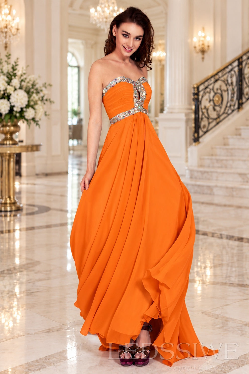orange strapless chiffon sweetheart a-line prom dress with beaded trim
