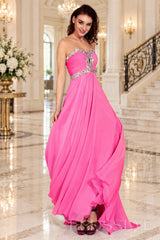 pink strapless chiffon sweetheart a-line prom dress with beaded trim
