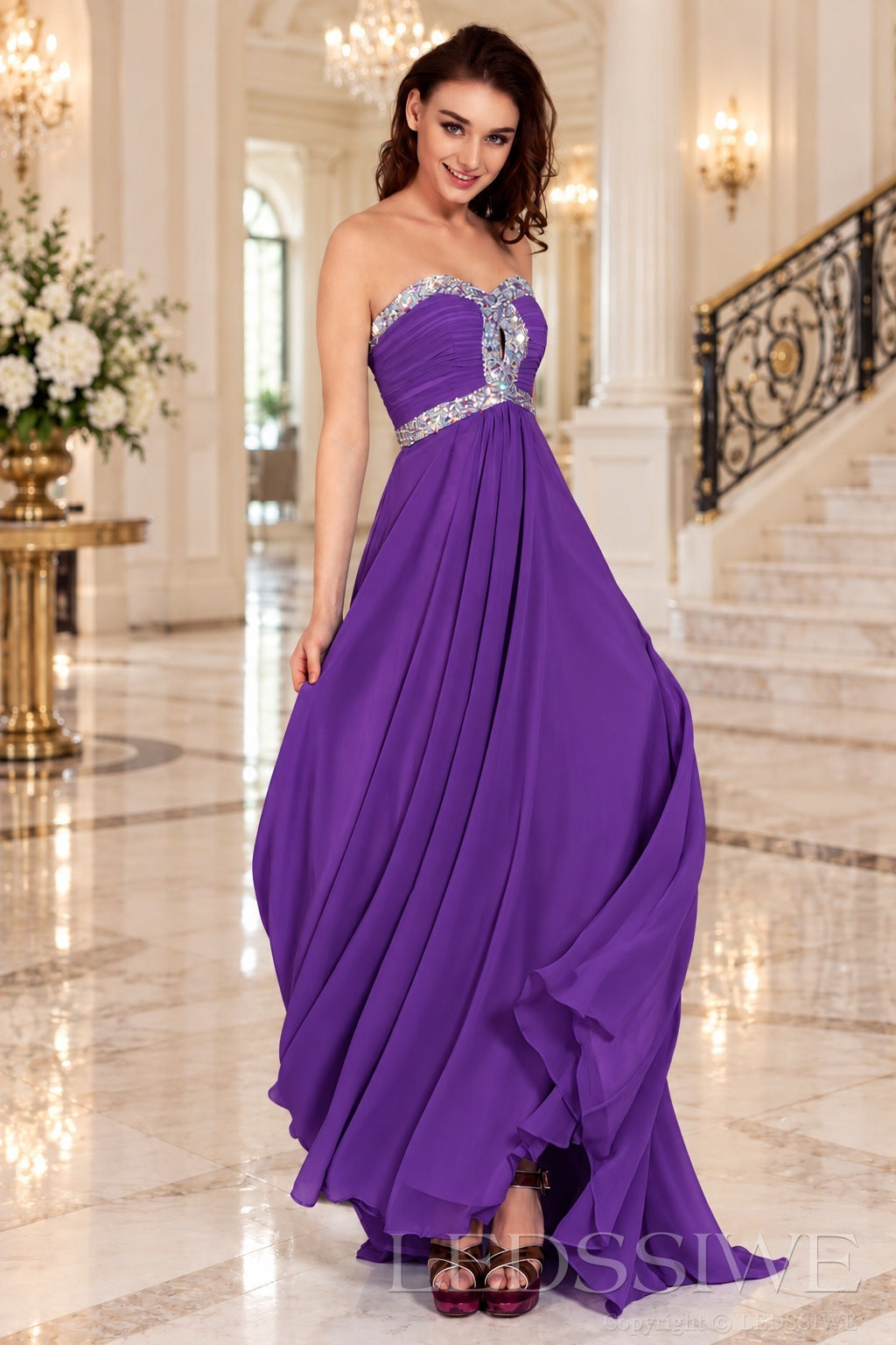 purple strapless chiffon sweetheart a-line prom dress with beaded trim