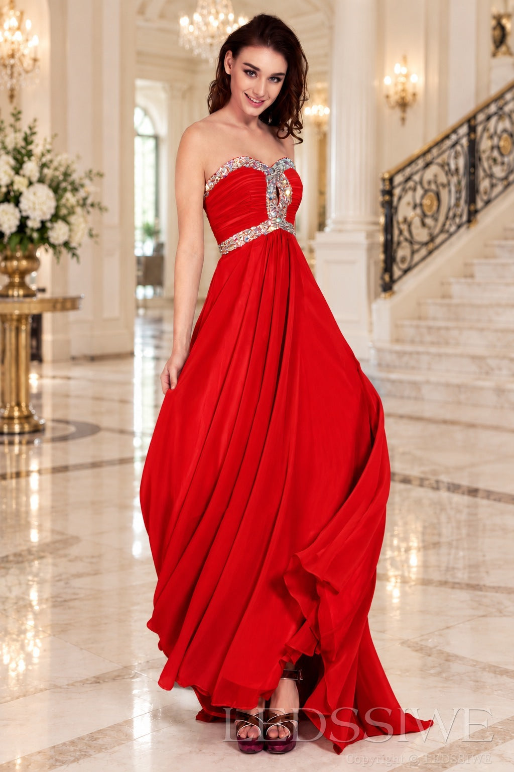 red strapless chiffon sweetheart a-line prom dress with beaded trim