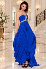 royal-blue strapless chiffon sweetheart a-line prom dress with beaded trim