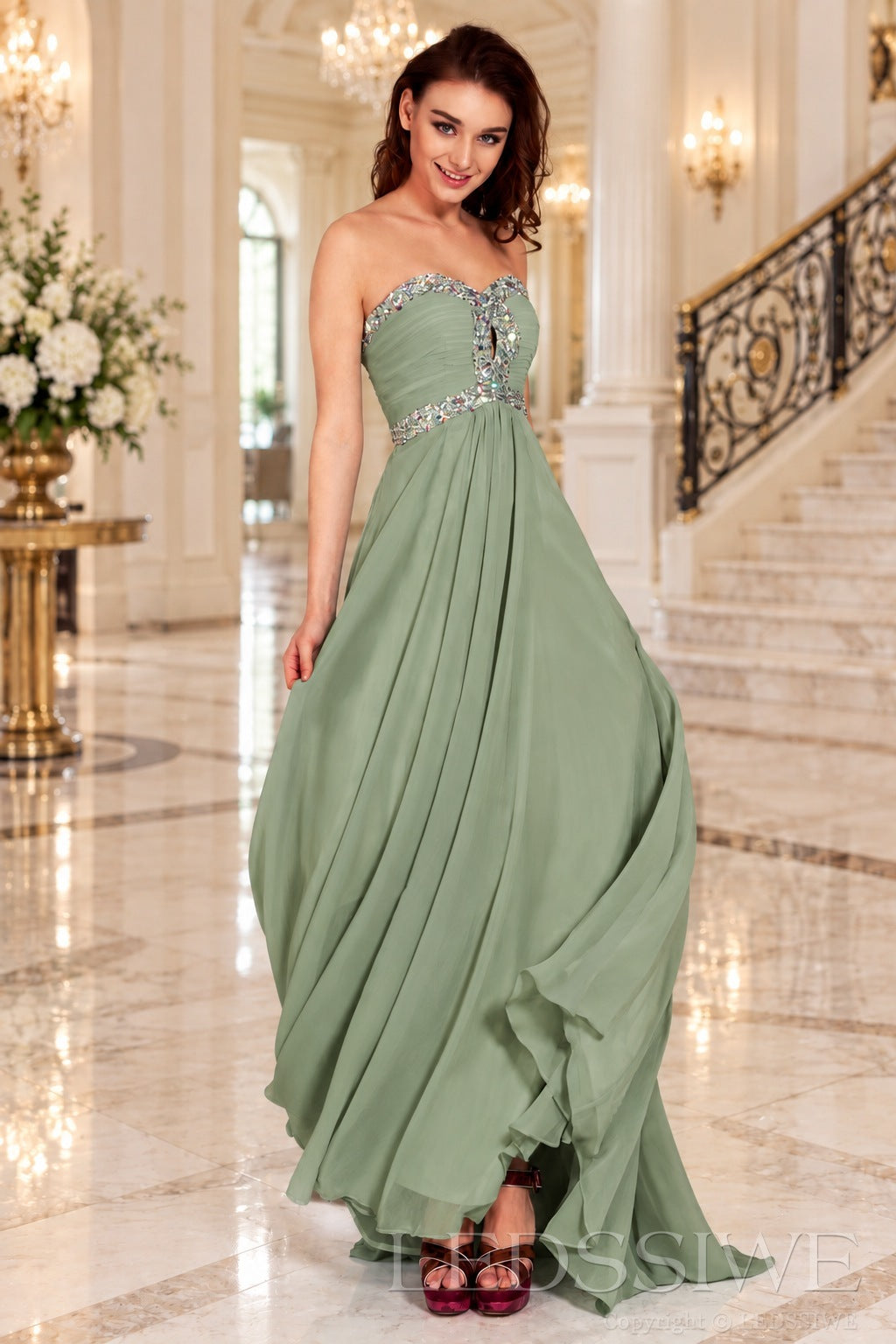 sage strapless chiffon sweetheart a-line prom dress with beaded trim