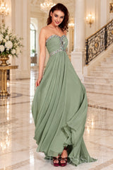sage strapless chiffon sweetheart a-line prom dress with beaded trim