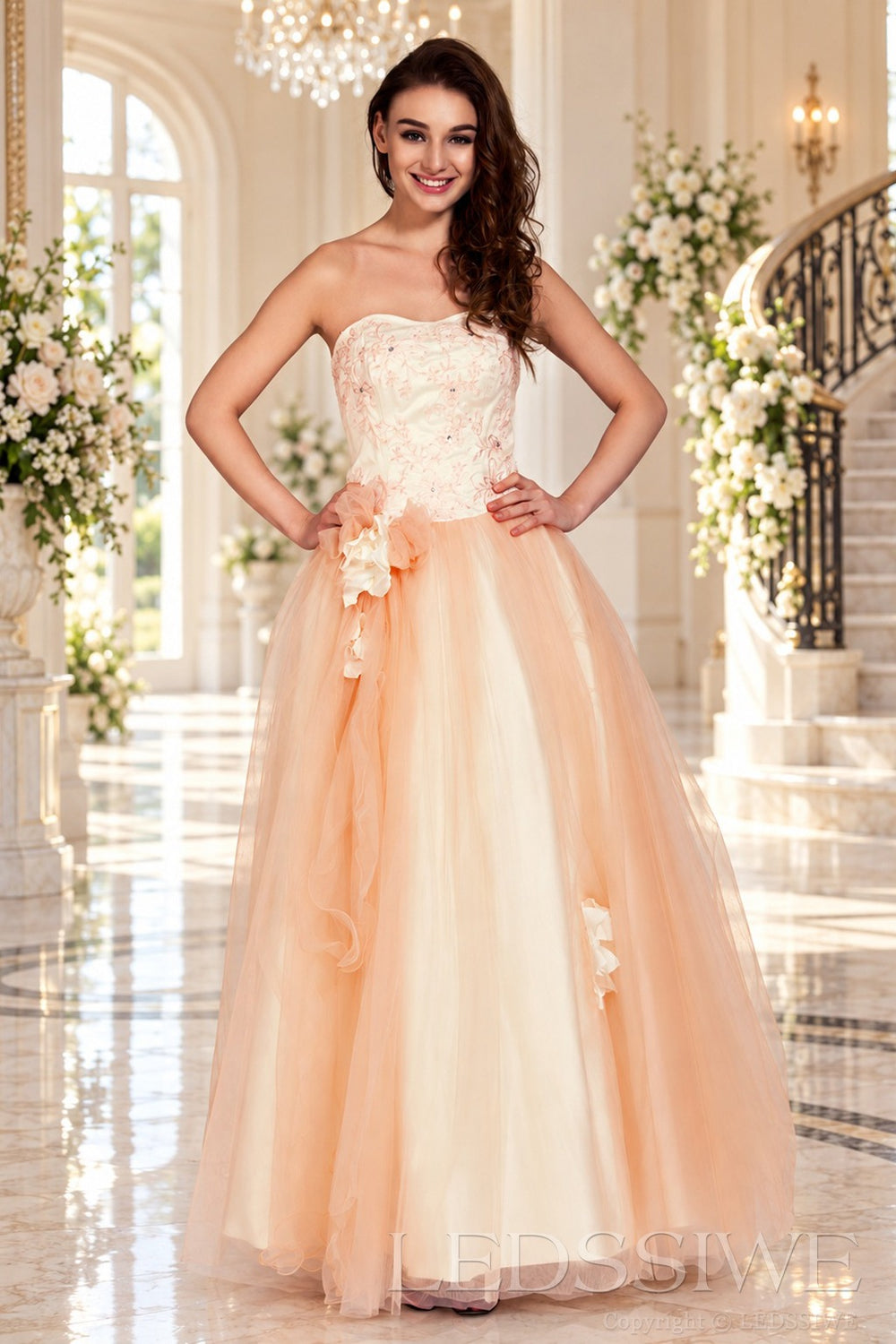 peach strapless lace tulle ball gown prom dress with corset bodice and tie back side view