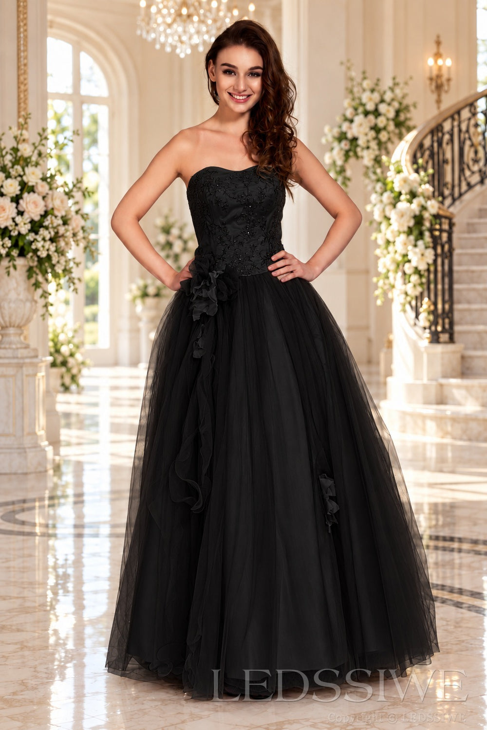 black strapless lace tulle ball gown prom dress with corset bodice and tie back