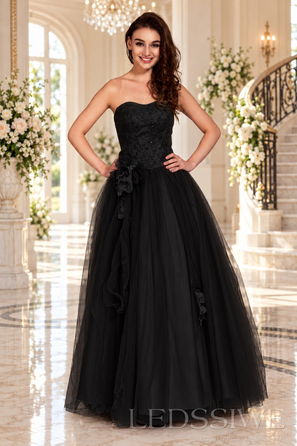black strapless lace tulle ball gown prom dress with corset bodice and tie back