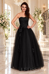 black strapless lace tulle ball gown prom dress with corset bodice and tie back