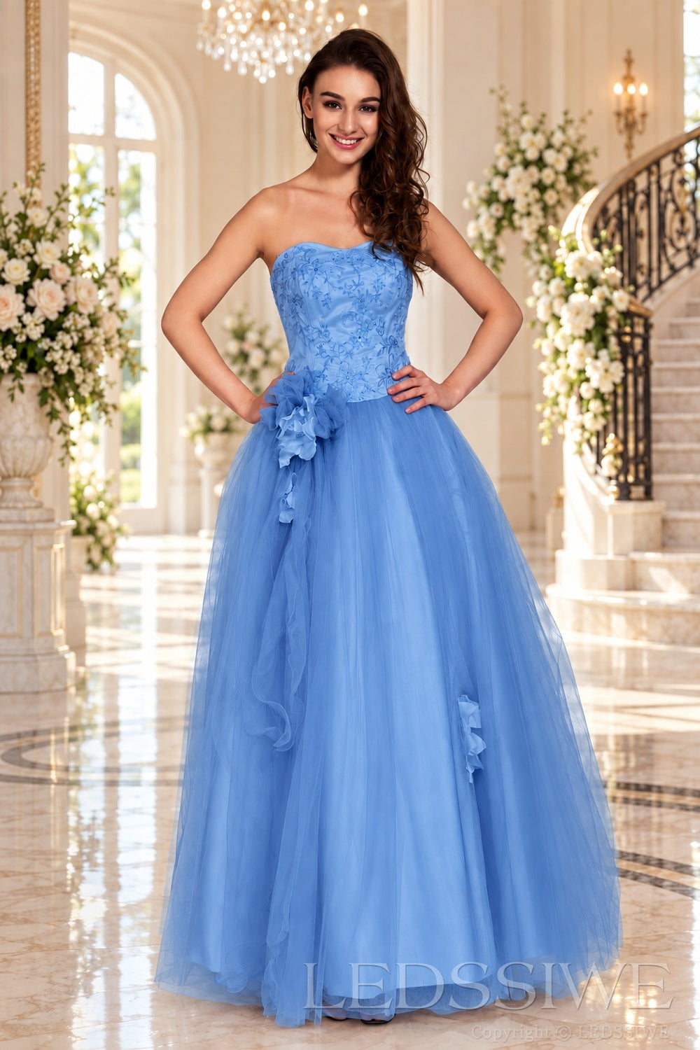 blue strapless lace tulle ball gown prom dress with corset bodice and tie back