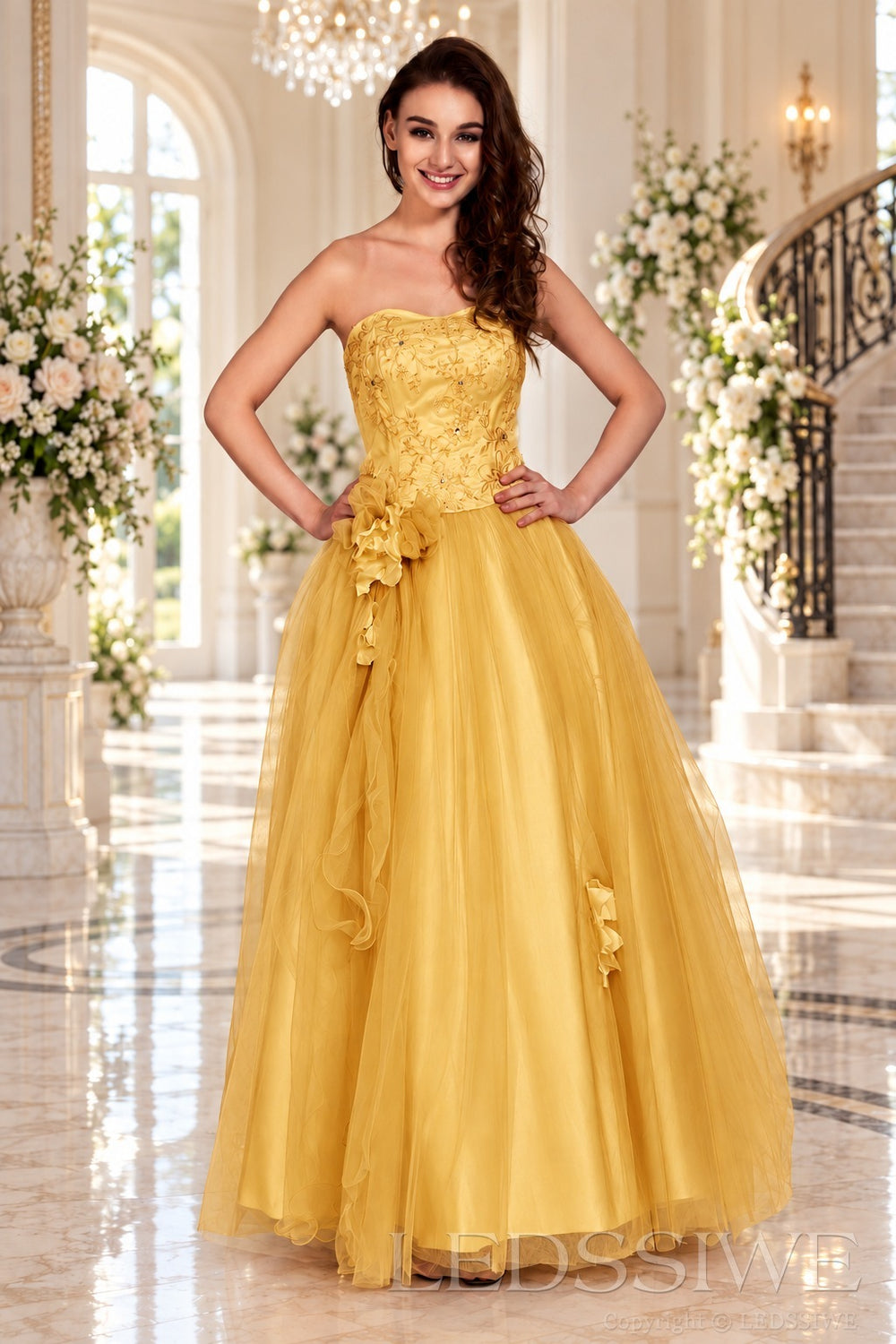 gold strapless lace tulle ball gown prom dress with corset bodice and tie back