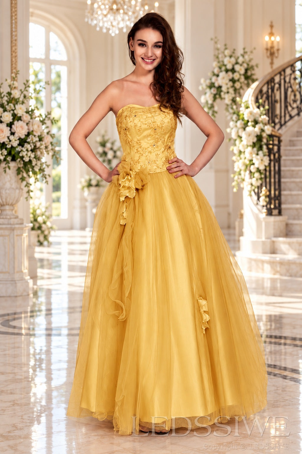 gold strapless lace tulle ball gown prom dress with corset bodice and tie back