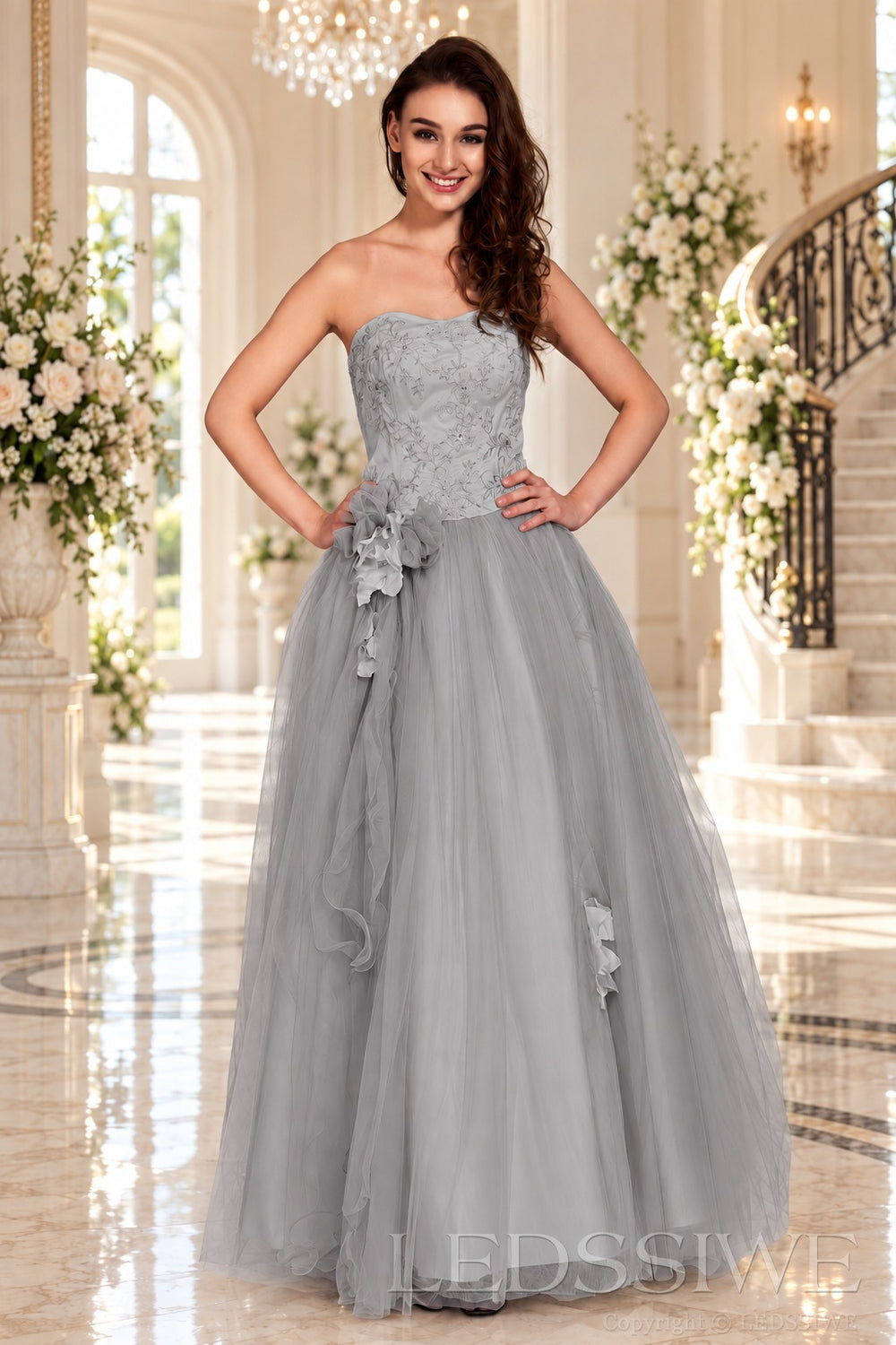 grey strapless lace tulle ball gown prom dress with corset bodice and tie back