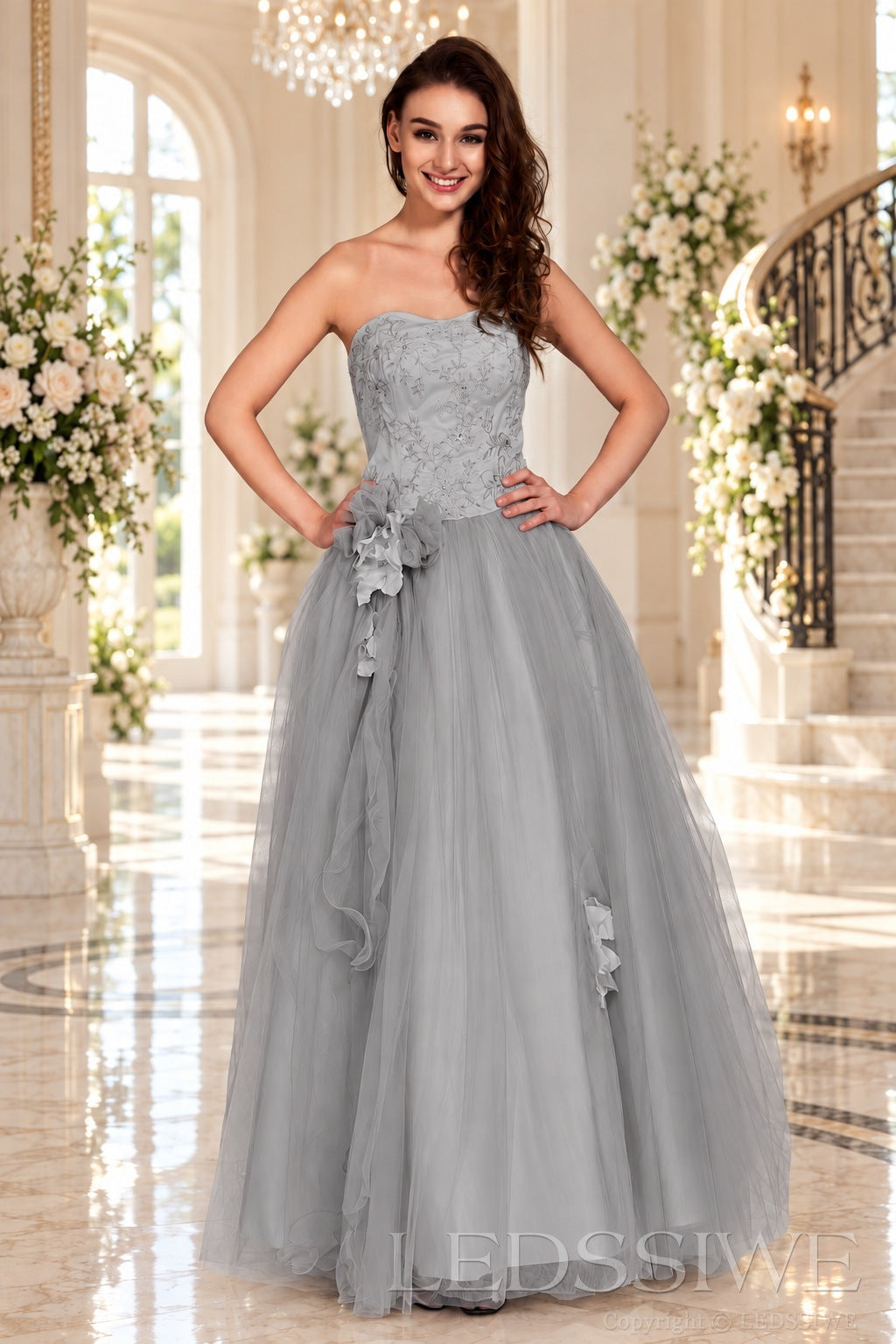 grey strapless lace tulle ball gown prom dress with corset bodice and tie back