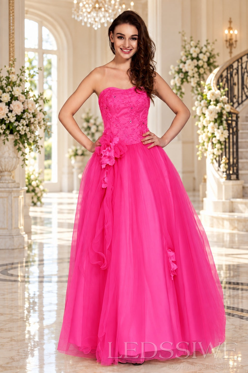 hot-pink strapless lace tulle ball gown prom dress with corset bodice and tie back