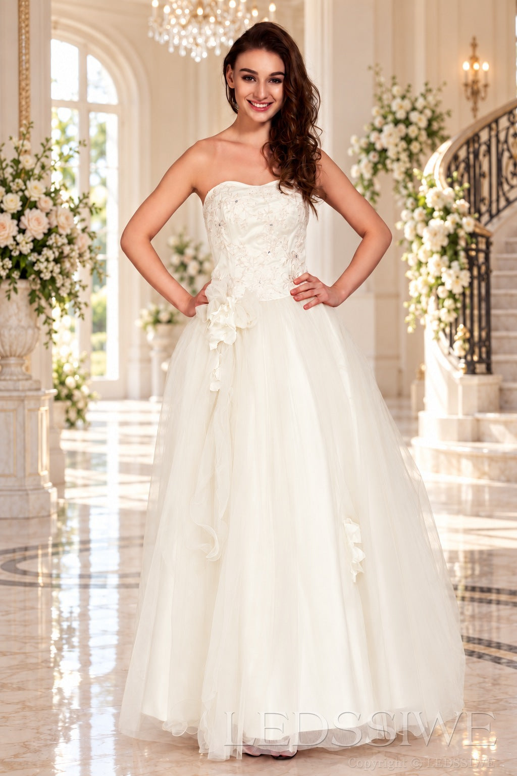 ivory strapless lace tulle ball gown prom dress with corset bodice and tie back