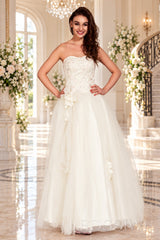ivory strapless lace tulle ball gown prom dress with corset bodice and tie back