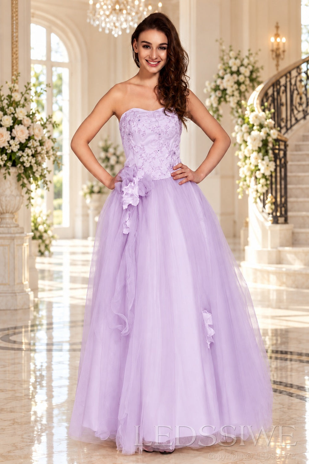 lavender strapless lace tulle ball gown prom dress with corset bodice and tie back