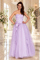 lavender strapless lace tulle ball gown prom dress with corset bodice and tie back