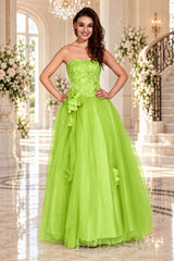 lime-green strapless lace tulle ball gown prom dress with corset bodice and tie back