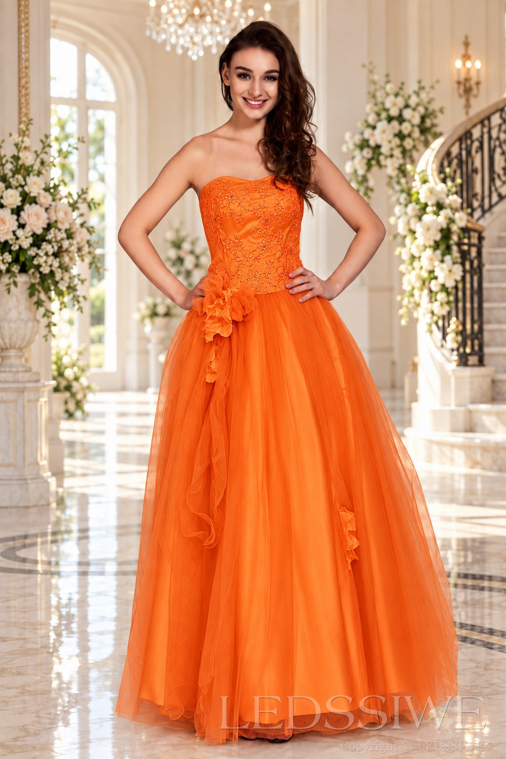 orange strapless lace tulle ball gown prom dress with corset bodice and tie back