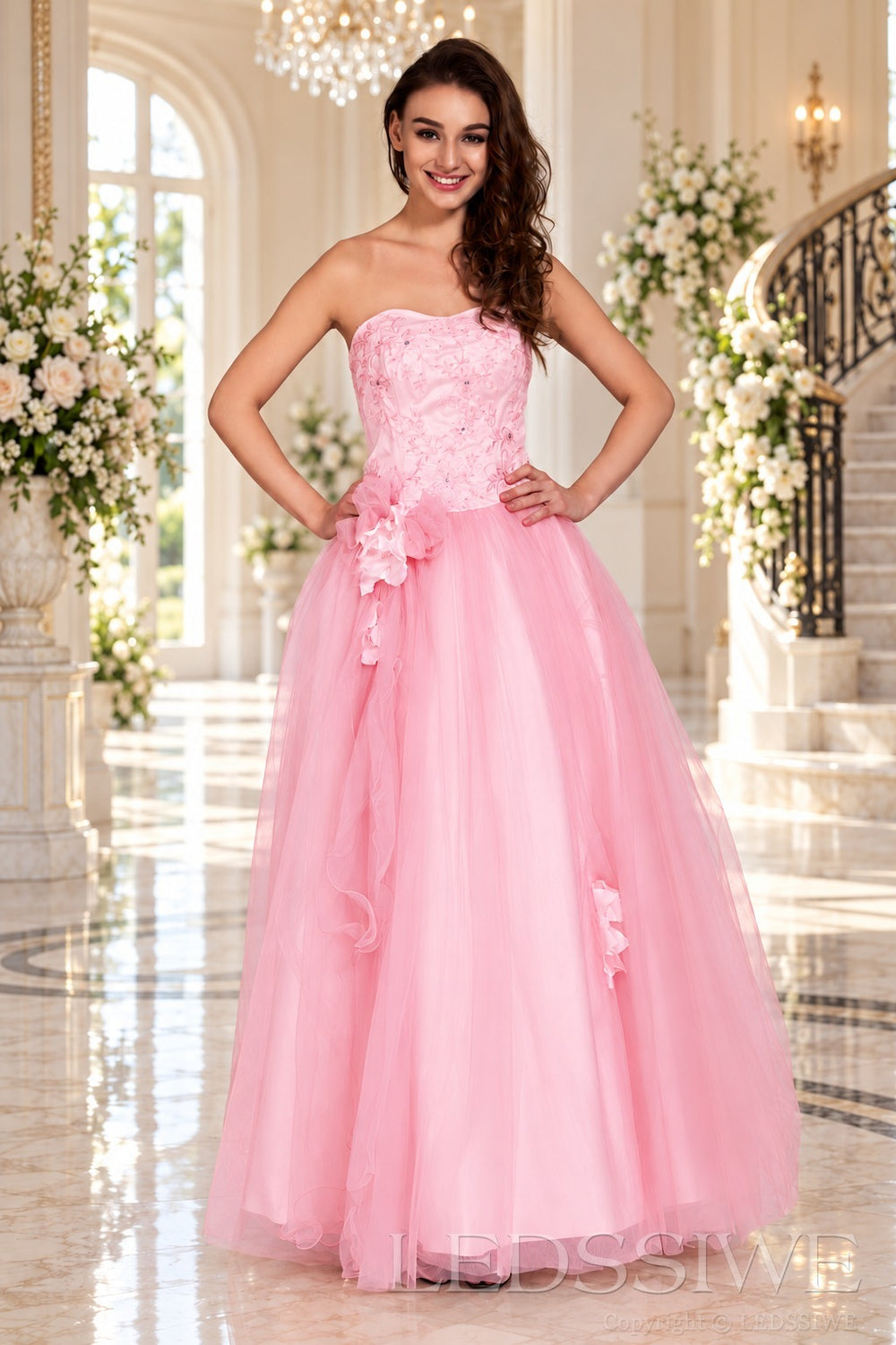 pink strapless lace tulle ball gown prom dress with corset bodice and tie back
