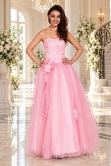 pink strapless lace tulle ball gown prom dress with corset bodice and tie back