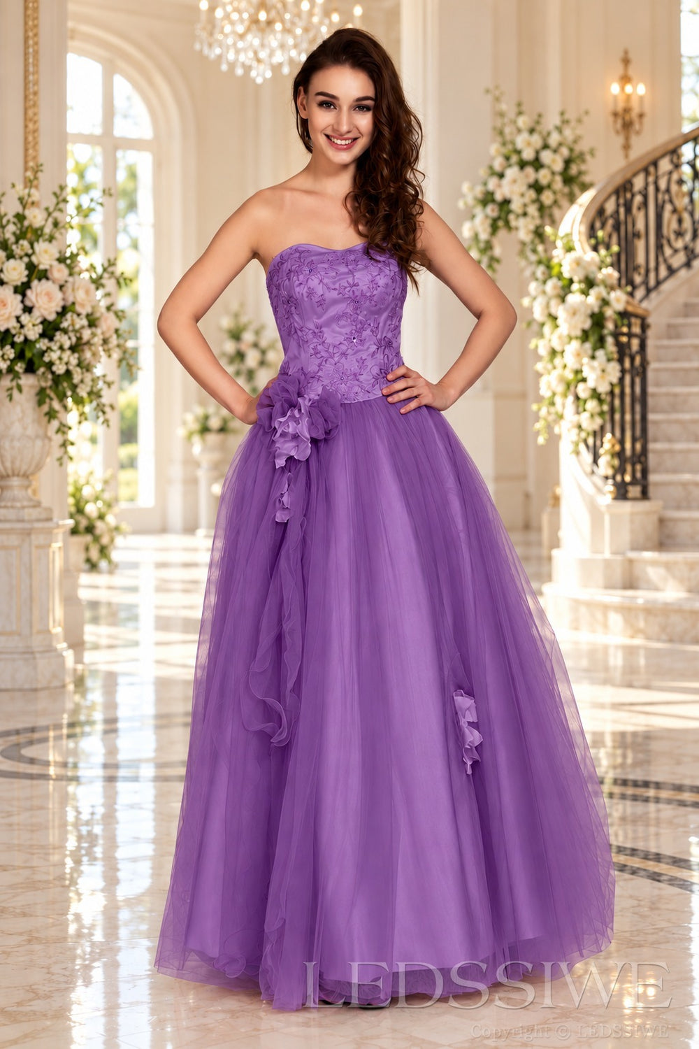 purple strapless lace tulle ball gown prom dress with corset bodice and tie back