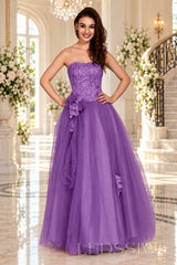 purple strapless lace tulle ball gown prom dress with corset bodice and tie back