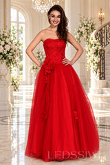 red strapless lace tulle ball gown prom dress with corset bodice and tie back
