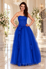 royal-blue strapless lace tulle ball gown prom dress with corset bodice and tie back