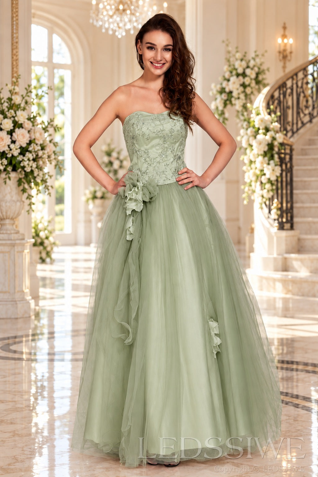 sage strapless lace tulle ball gown prom dress with corset bodice and tie back