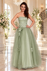 sage strapless lace tulle ball gown prom dress with corset bodice and tie back