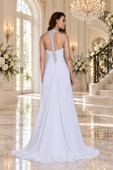 white v-neck chiffon a-line wedding dress with beaded strap and rhinestone detail back view