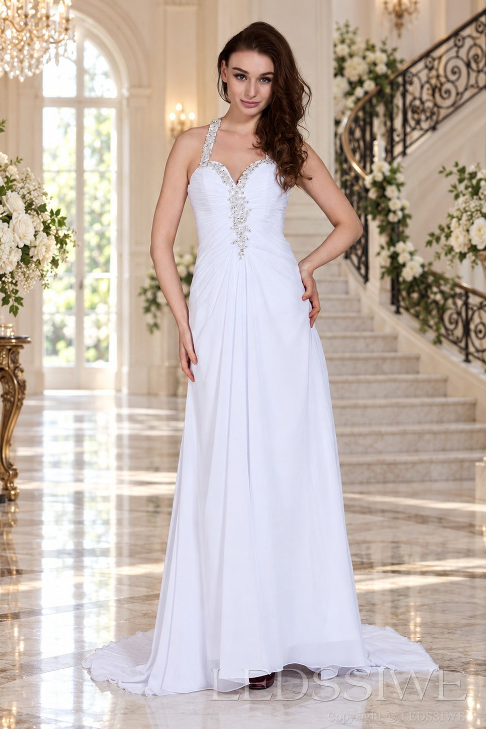 white v-neck chiffon a-line wedding dress with beaded strap and rhinestone detail side view