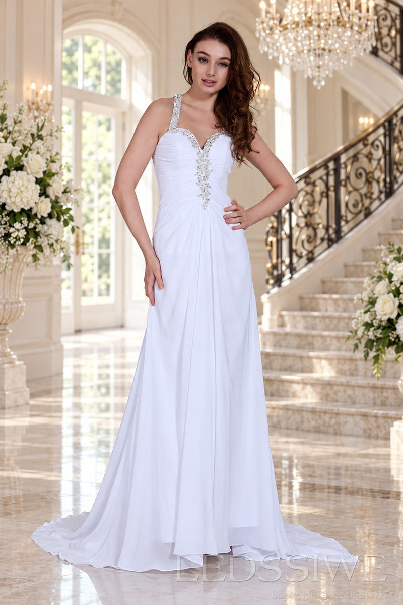white v-neck chiffon a-line wedding dress with beaded strap and rhinestone detail front view