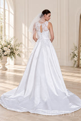 ivory halter beaded satin a-line wedding dress with lace veil cape back view