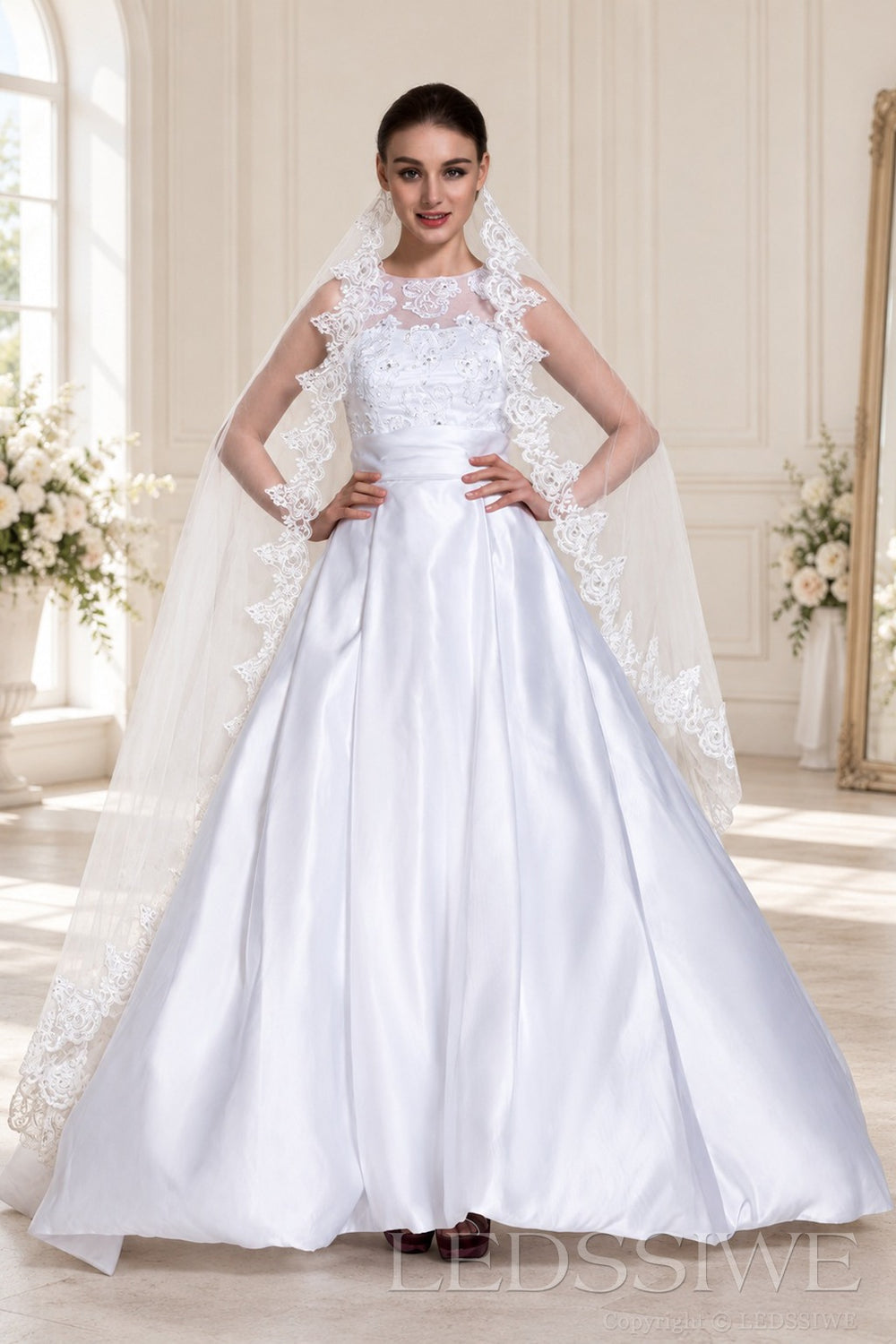 ivory halter beaded satin a-line wedding dress with lace veil cape side view