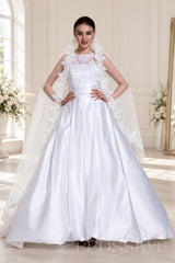 ivory halter beaded satin a-line wedding dress with lace veil cape side view