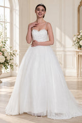 ivory spaghetti strap beaded tulle a-line wedding dress with jeweled belt side view