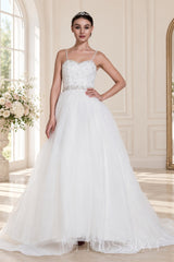 ivory spaghetti strap beaded tulle a-line wedding dress with jeweled belt front view